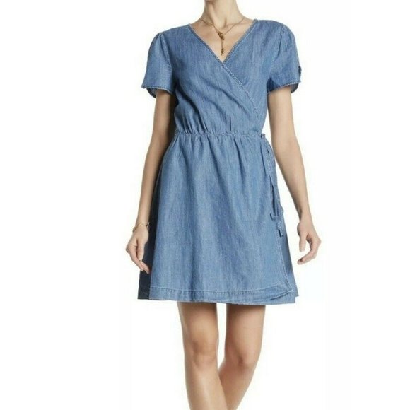 Madewell Wrap Dress Blue Chambray Size XS New NWT Short Sleeve RARE HTF - Picture 1 of 8